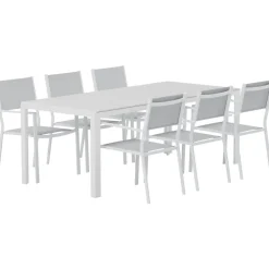Online Venture Home Ruokailuryhmä ulos , valkoinen Break-pöytä 205x90cm + 6 harmaata Copacabana-tuolia