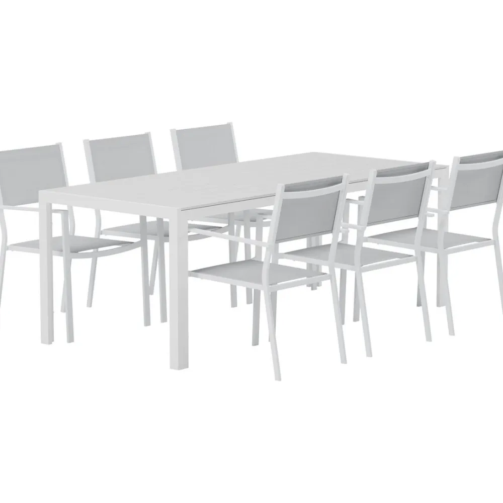 Online Venture Home Ruokailuryhmä ulos , valkoinen Break-pöytä 205x90cm + 6 harmaata Copacabana-tuolia