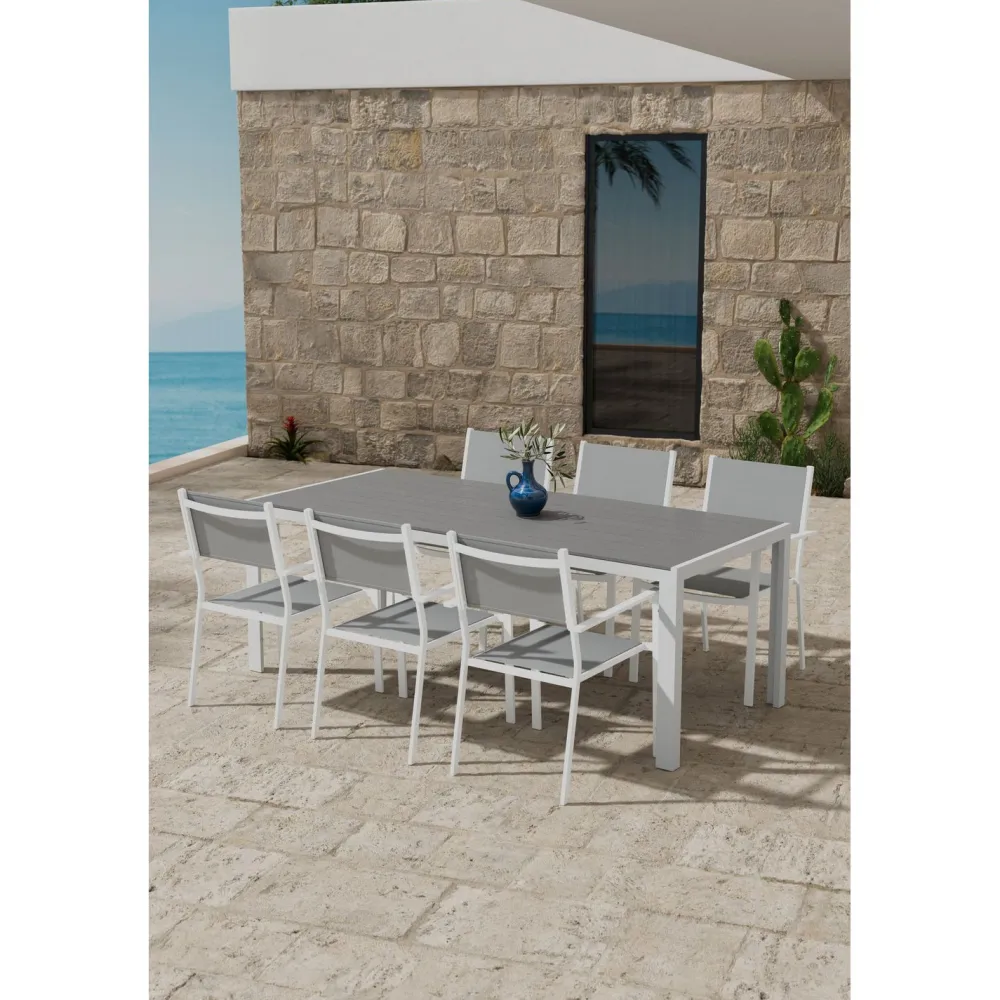 Best Venture Home Ruokailuryhmä ulos , harmaa Break-pöytä 205x90cm + 6 harmaata Copacabana-tuolia