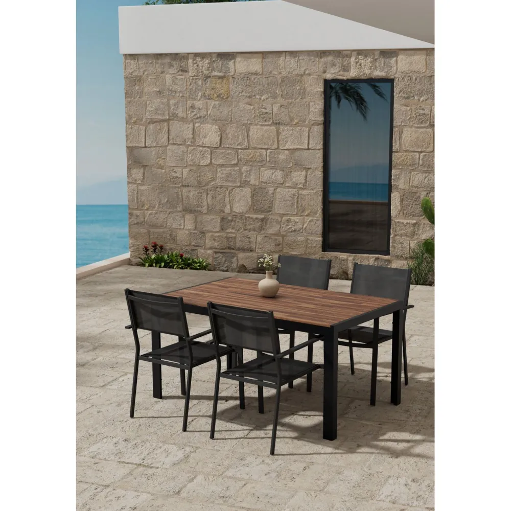 New Venture Home Ruokailuryhmä ulos , musta Break-pöytä 150x90cm + 4 mustaa Copacabana-tuolia