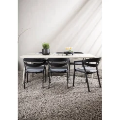 New Venture Home Ruokailuryhmä ulos , beige Lina-pöytä 200x90cm + 6 mustaa Slit-tuolia