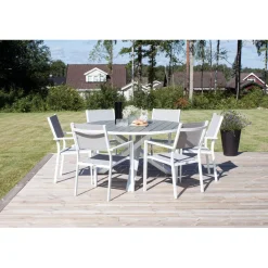 Best Venture Home Ruokailuryhmä ulos , valkoinen Parma-pöytä Ø140cm + 6 valkoharmaata Copacabana-tuolia