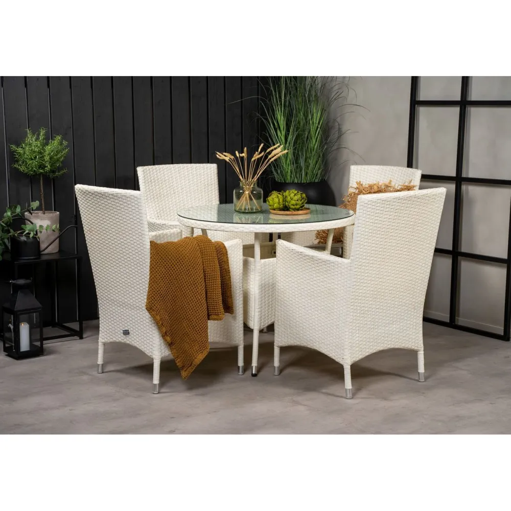Sale Venture Home Ruokailuryhmä , ø90cm valkoinen Volta-pöytä + 4 valkoista Malin-tuolia