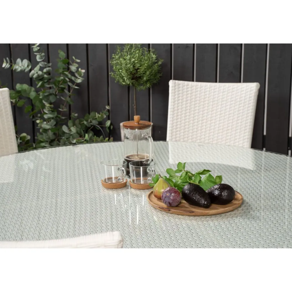 Venture Home Ruokailuryhmä , ø150cm valkoinen Volta-pöytä + 6 valkoista, pinottavaa Anna-tuolia