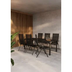 Venture Home Ruokailuryhmä , 200x90cm musta Giardini-pöytä + 6 mustaa Levanzo-tuolia