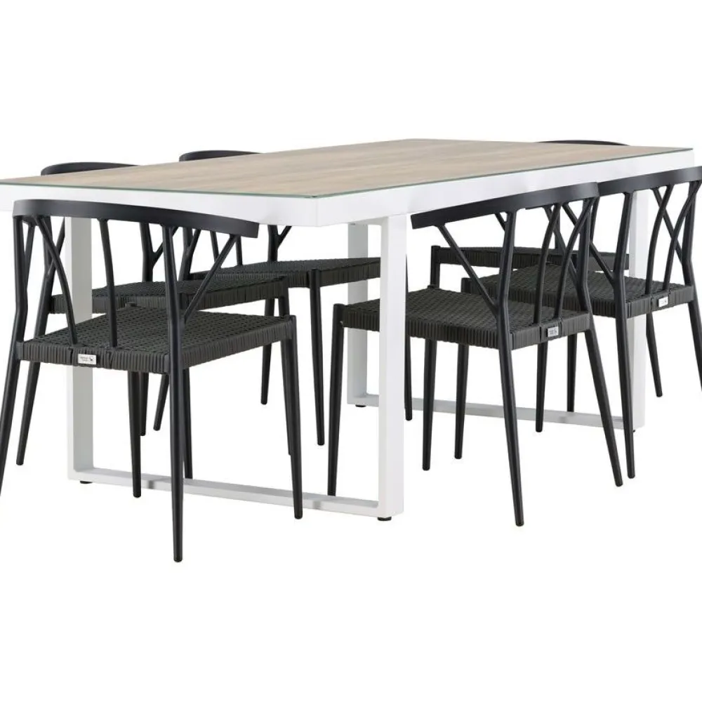 Clearance Venture Home Ruokailuryhmä , 200x90cm, beige/valkoinen Merlo-pöytä + 6 mustaa Stina-tuolia