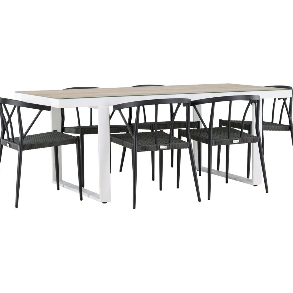 Clearance Venture Home Ruokailuryhmä , 200x90cm, beige/valkoinen Merlo-pöytä + 6 mustaa Stina-tuolia