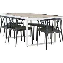 Clearance Venture Home Ruokailuryhmä , 200x90cm, beige/valkoinen Merlo-pöytä + 6 mustaa Stina-tuolia
