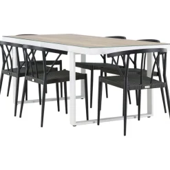 Clearance Venture Home Ruokailuryhmä , 200x90cm, beige/valkoinen Merlo-pöytä + 6 mustaa Stina-tuolia
