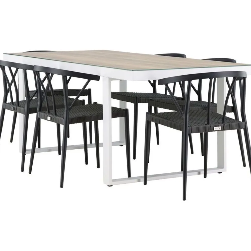 Clearance Venture Home Ruokailuryhmä , 200x90cm, beige/valkoinen Merlo-pöytä + 6 mustaa Stina-tuolia