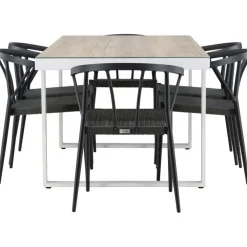 Clearance Venture Home Ruokailuryhmä , 200x90cm, beige/valkoinen Merlo-pöytä + 6 mustaa Stina-tuolia