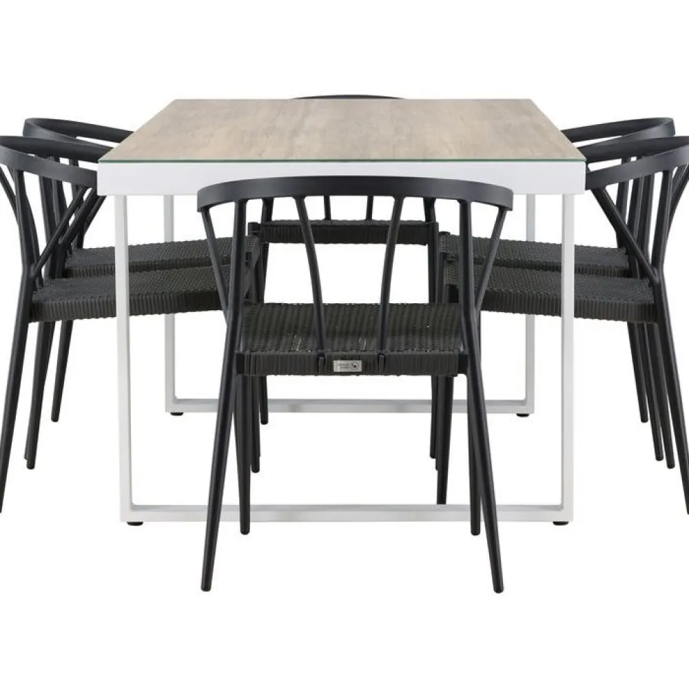 Clearance Venture Home Ruokailuryhmä , 200x90cm, beige/valkoinen Merlo-pöytä + 6 mustaa Stina-tuolia