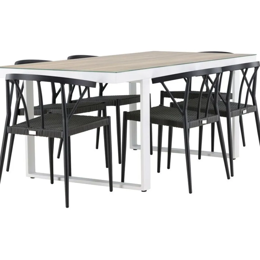 Clearance Venture Home Ruokailuryhmä , 200x90cm, beige/valkoinen Merlo-pöytä + 6 mustaa Stina-tuolia