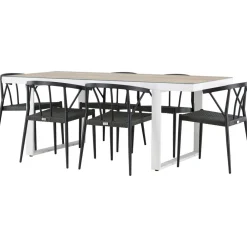 Clearance Venture Home Ruokailuryhmä , 200x90cm, beige/valkoinen Merlo-pöytä + 6 mustaa Stina-tuolia
