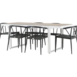 Clearance Venture Home Ruokailuryhmä , 200x90cm, beige/valkoinen Merlo-pöytä + 6 mustaa Stina-tuolia