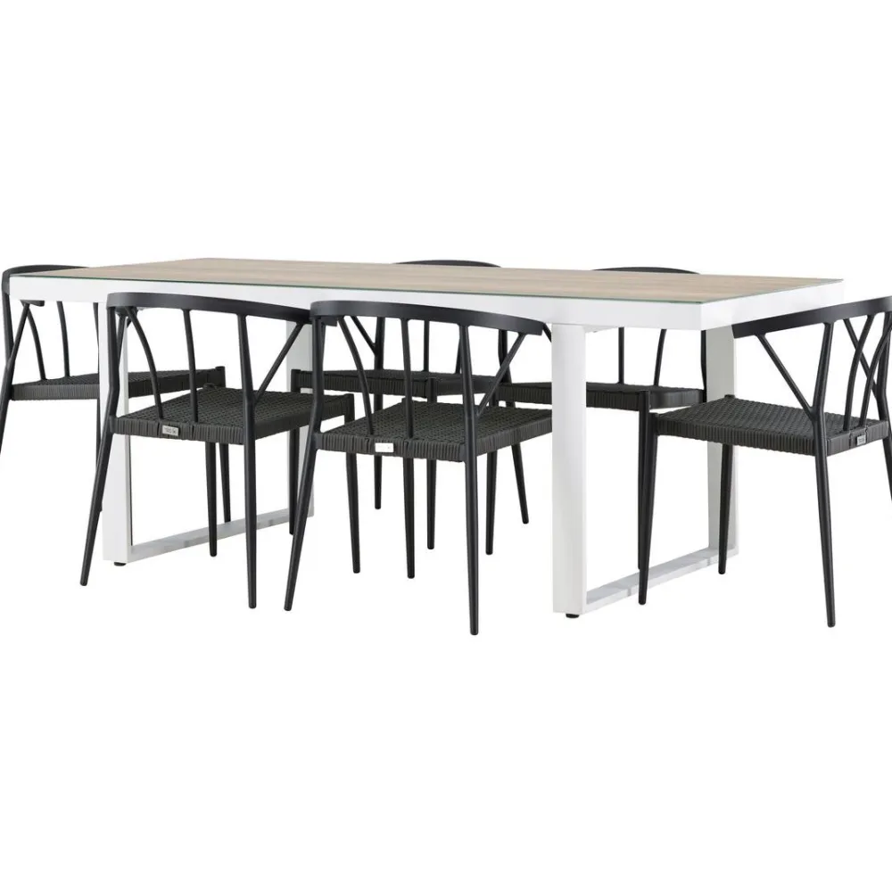 Clearance Venture Home Ruokailuryhmä , 200x90cm, beige/valkoinen Merlo-pöytä + 6 mustaa Stina-tuolia