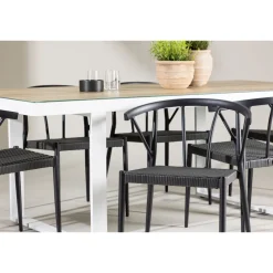 Clearance Venture Home Ruokailuryhmä , 200x90cm, beige/valkoinen Merlo-pöytä + 6 mustaa Stina-tuolia