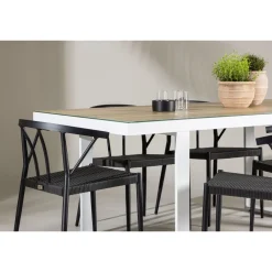 Clearance Venture Home Ruokailuryhmä , 200x90cm, beige/valkoinen Merlo-pöytä + 6 mustaa Stina-tuolia