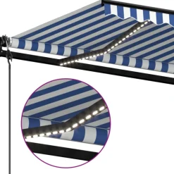 Outlet FinePRICE Sisäänkelattava markiisi 2 LED/tuulisensori 300x250 cm sininen/valkoinen