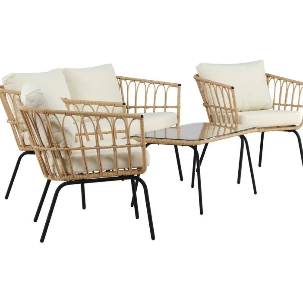 Discount Venture Home Sohvaryhmä Ortigia, 2-istuttava sohva + 2 lepotuolia + sohvapöytä, musta/rottinki