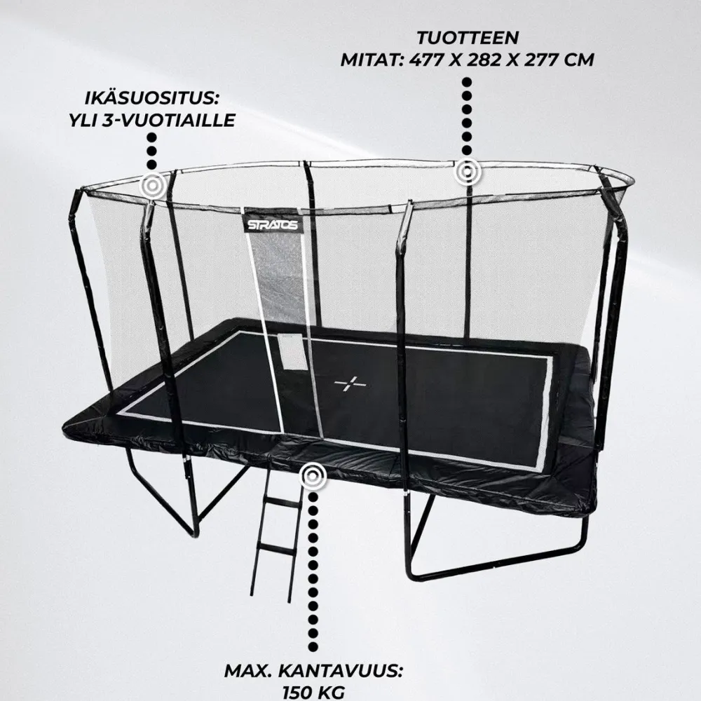 Clearance Stratos Suorakaide Trampoliini Premium Black Line, 275x427 cm, sis. portaat ja turvaverkko