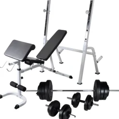 Outlet FinePRICE Treenipenkki levytanko- ja käsipainosarjalla, 60.5kg, 150x105x150cm