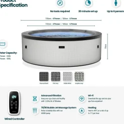 Online Wave Spa Ulkoporeallas Tahoe, 4 hlöä, 70 suutinta, WiFi, pyöreä, koottava, valkoinen